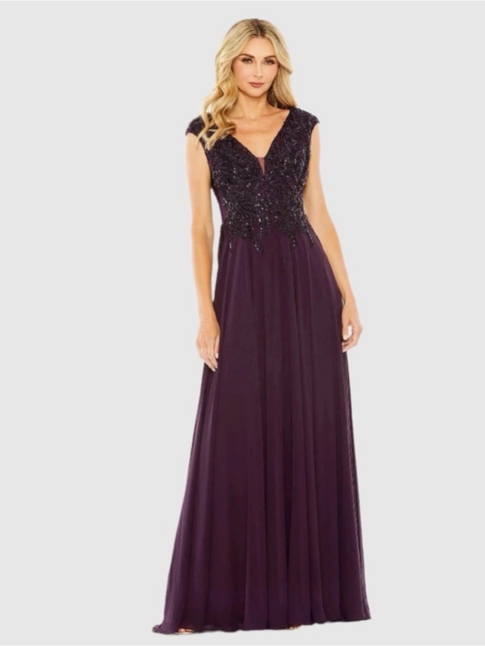 Mac Duggal 20264  Deep Purple Applique Cap Sleeve Bodice Flowy Gown NWT Size 12